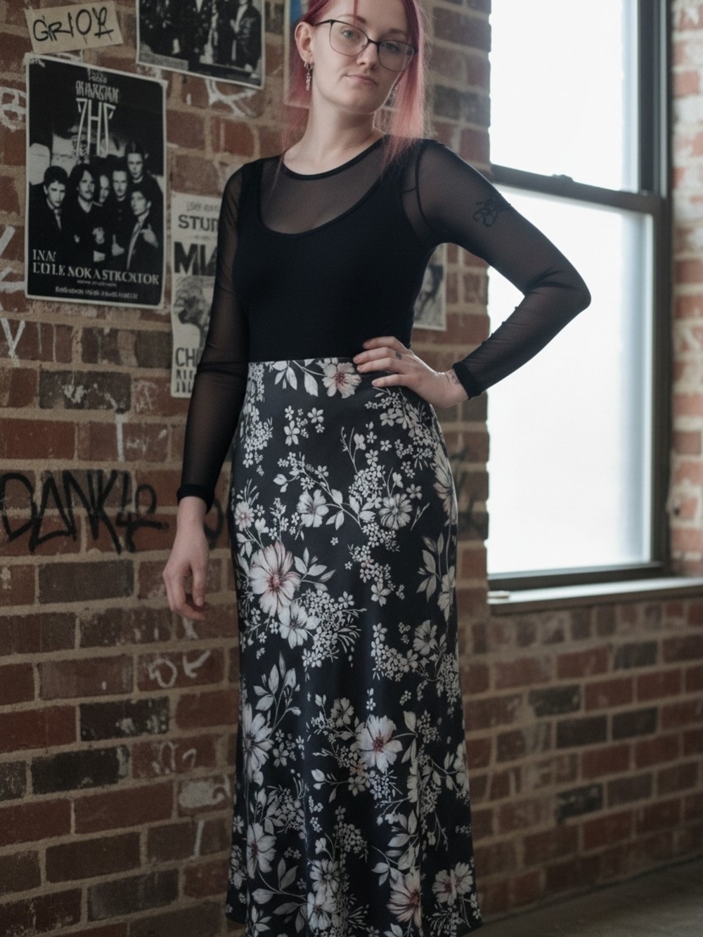 Black Floral Maxi Skirt with White and I Soft Pink Blooms